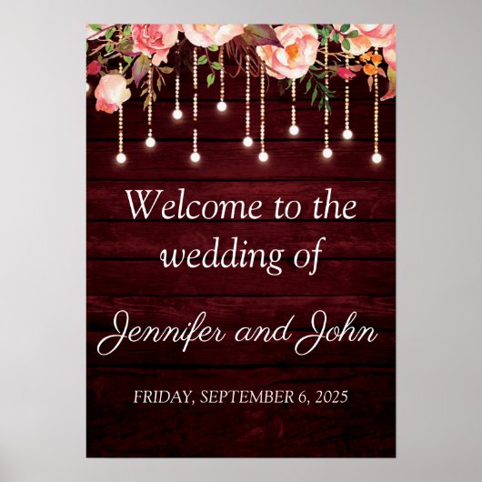 Floral Maroon Wooden Rustic Wedding Welkom Poster (Voorkant)