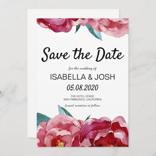 Floral Marsala Burgundy Peony Save the Date (Voorkant / Achterkant)