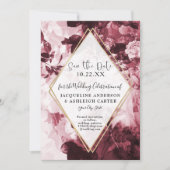 Floral Marsala Red Gold Geometric w Script Save The Date (Voorkant)