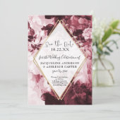 Floral Marsala Red Gold Geometric w Script Save The Date (Staand voorkant)