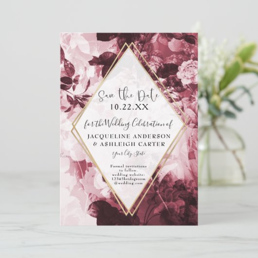 Floral Marsala Red Gold Geometric w Script Save The Date (Staand voorkant)