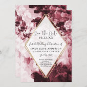 Floral Marsala Red Gold Geometric w Script Save The Date (Voorkant / Achterkant)