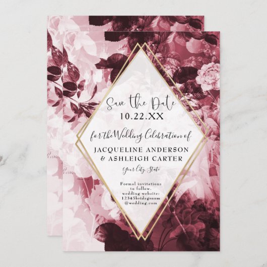 Floral Marsala Red Gold Geometric w Script Save The Date (Voorkant / Achterkant)