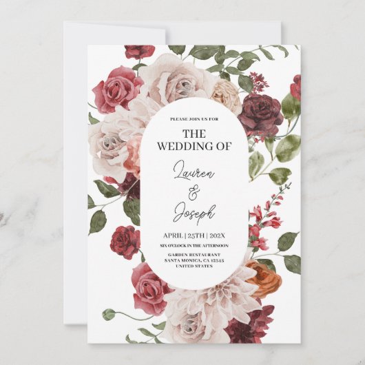 Floral Marsala Wedding-uitnodiging Kaart (Voorkant)