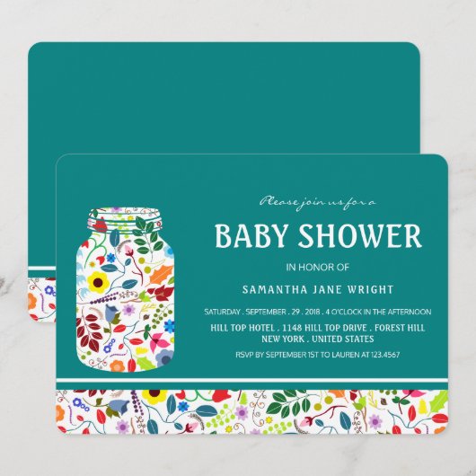 Floral Mason Jar Baby shower Kaart (Voorkant / Achterkant)