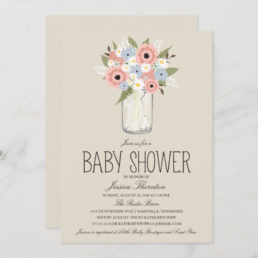 Floral Mason Jar Baby shower Kaart (Voorkant / Achterkant)