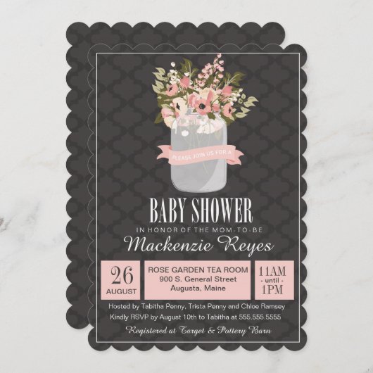 Floral Mason Jar Baby shower Uitnodiging (Voorkant / Achterkant)