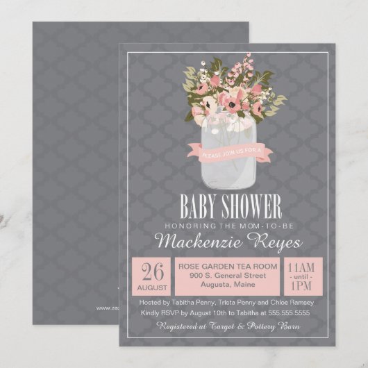 Floral Mason Jar Baby shower Uitnodiging (Voorkant / Achterkant)