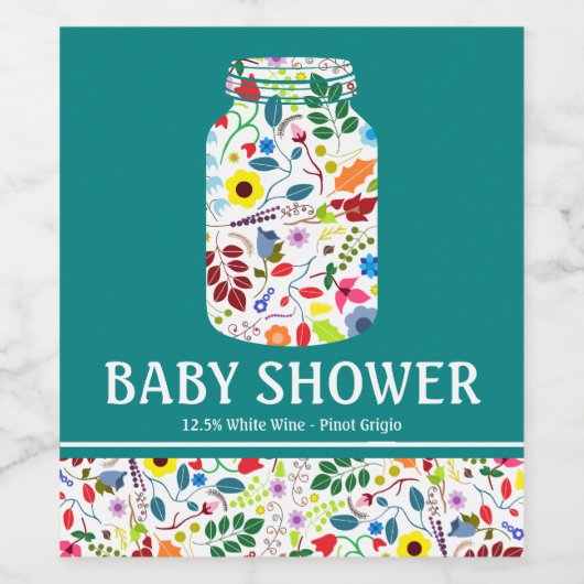Floral Mason Jar Baby shower Wijn Etiket (Enkel label)