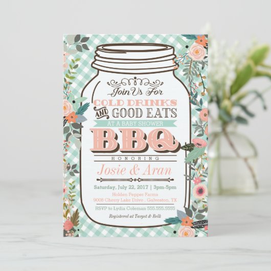 Floral Mason Jar BBQ Baby shower Uitnodiging (Staand voorkant)