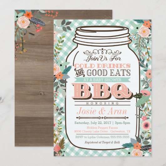 Floral Mason Jar BBQ Baby shower Uitnodiging (Voorkant / Achterkant)