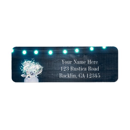 Floral Mason Jar & Blue Lights Rustic Invitation Etiket (Voorkant)