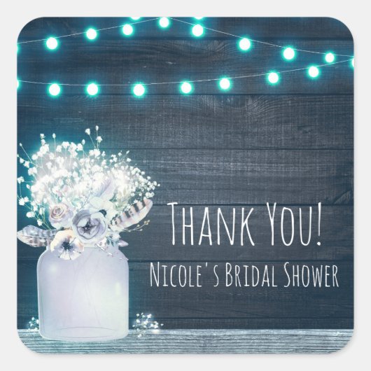 Floral Mason Jar & Blue Lights Rustic Invitation Vierkante Sticker (Voorkant)