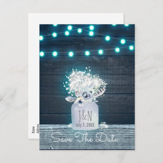 Floral Mason Jar Blue lights Rustic Save the Date Aankondigingskaart (Voorkant / Achterkant)
