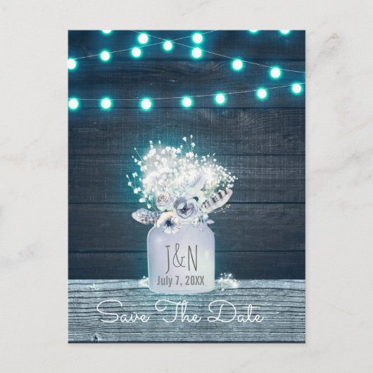 Floral Mason Jar Blue lights Rustic Save the Date Aankondigingskaart (Voorkant)