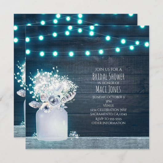 Floral Mason Jar Blue Lights Rustic Winter Bridal Kaart (Voorkant / Achterkant)