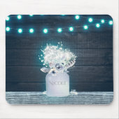 Floral Mason Jar & Blue String Lights Rustic Muismat (Voorkant)