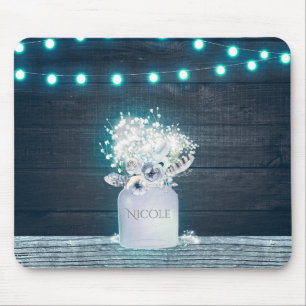 Floral Mason Jar & Blue String Lights Rustic Muismat