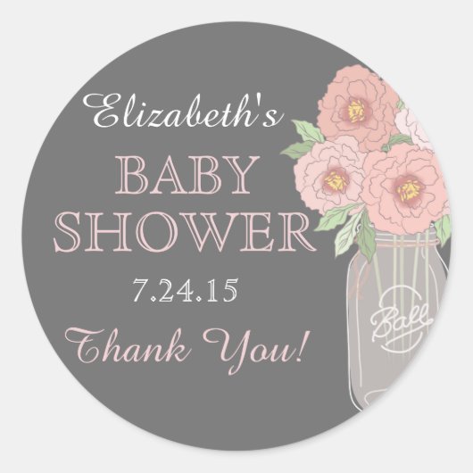 Floral Mason Jar Grijs Roze Baby shower Sticker (Voorkant)