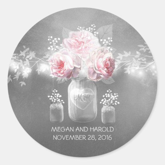 Floral Mason Jar Grijs Roze Bruiloft Ronde Sticker (Voorkant)