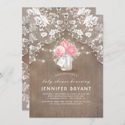 Floral Mason Jar Lace en Burlap Baby shower Kaart (Voorkant / Achterkant)