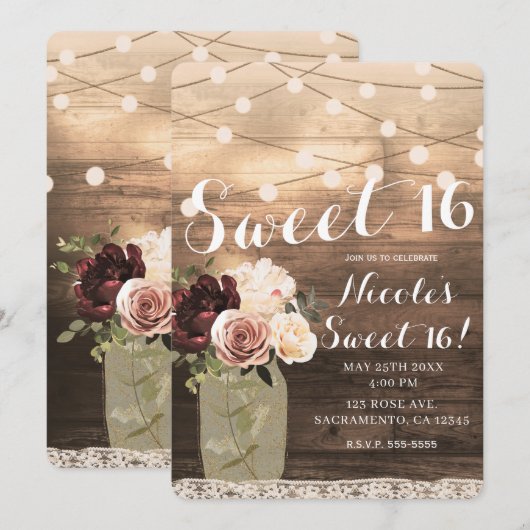 Floral Mason Jar & Lights Rustic Country Sweet 16 Kaart (Voorkant / Achterkant)