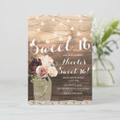 Floral Mason Jar & Lights Rustic Country Sweet 16 Kaart (Staand voorkant)