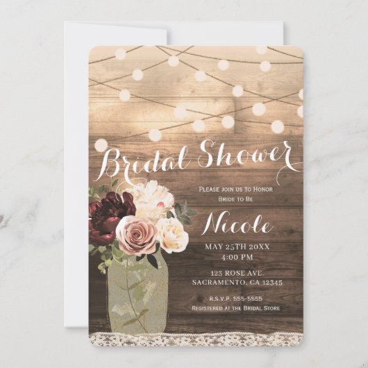 Floral Mason Jar & Lights Rustieke Country Bridal Kaart (Voorkant)