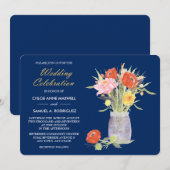 Floral Mason Jar op Navy Blue Wedding Kaart (Voorkant / Achterkant)