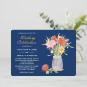Floral Mason Jar op Navy Blue Wedding Kaart (Staand voorkant)