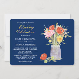 Floral Mason Jar op Navy Blue Wedding Kaart
