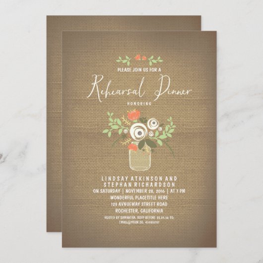 Floral Mason Jar Rustic Burlap Rehearsal Dinner Kaart (Voorkant / Achterkant)