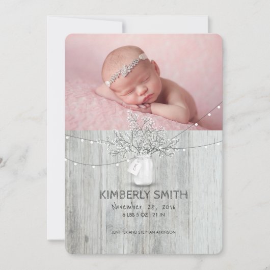 Floral Mason Jar Rustic Pasgeboren Baby Foto Geboo Aankondiging (Voorkant)