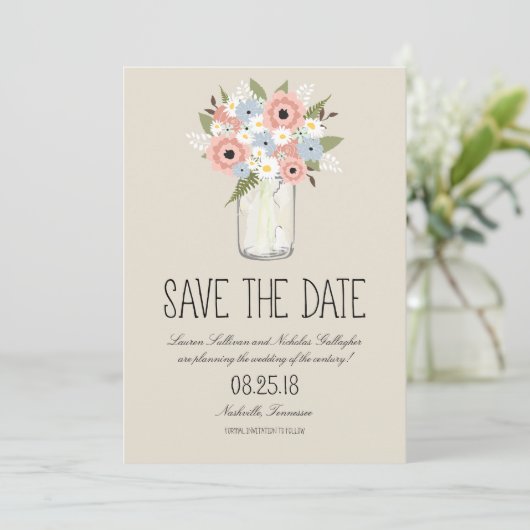 Floral Mason Jar Save the Date (Staand voorkant)