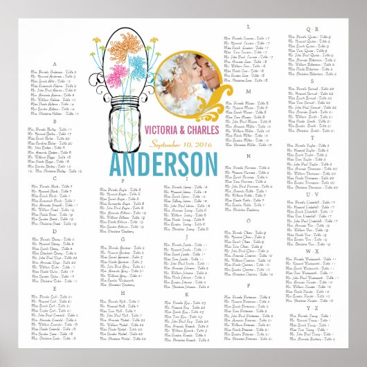 Floral Mason Jar Seating Chart Poster (Voorkant)