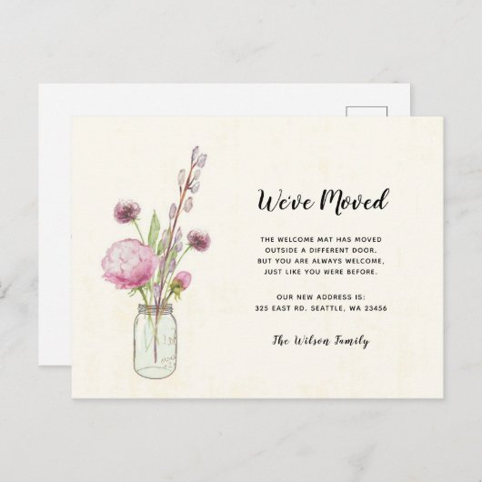 Floral Mason Jar We hebben een nieuw adres verplaa Briefkaart (Voorkant / Achterkant)