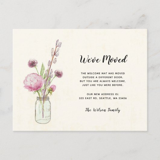 Floral Mason Jar We hebben een nieuw adres verplaa Briefkaart (Voorkant)