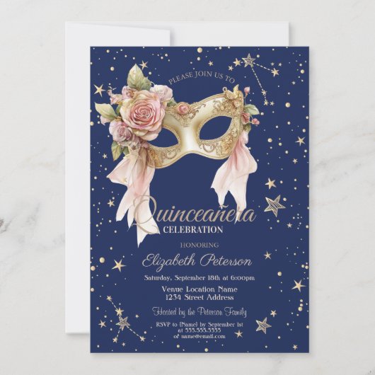 Floral Masque Stars Navy Blue Quinceañera Kaart (Voorkant)