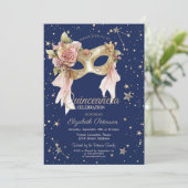 Floral Masque Stars Navy Blue Quinceañera Kaart (Staand voorkant)