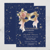Floral Masque Stars Navy Blue Quinceañera Kaart (Voorkant / Achterkant)