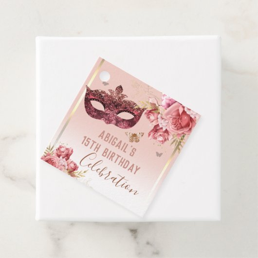 Floral Masquerade Pink Happy 15th Birthday Bedankjes Labels (In situ)