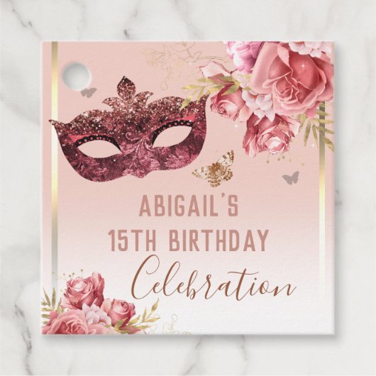 Floral Masquerade Pink Happy 15th Birthday Bedankjes Labels (Voorkant)