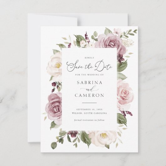 Floral Mauve Blush Elegant Wedding Save the Date Kaart (Voorkant)