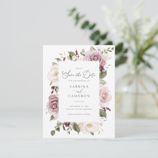 Floral Mauve Blush Elegant Wedding Save the Date Kaart (Staand voorkant)