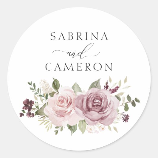 Floral Mauve Blush Elegante Huwelijksenvelop Afdic Ronde Sticker (Voorkant)