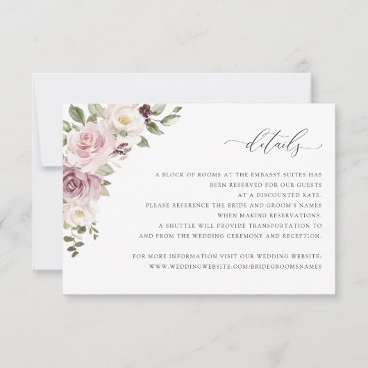 Floral Mauve Blush Wedding Insert Details Kaart (Voorkant)