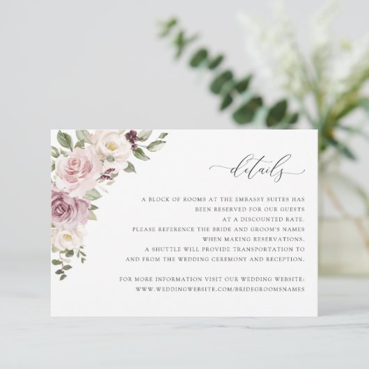 Floral Mauve Blush Wedding Insert Details Kaart (Staand voorkant)