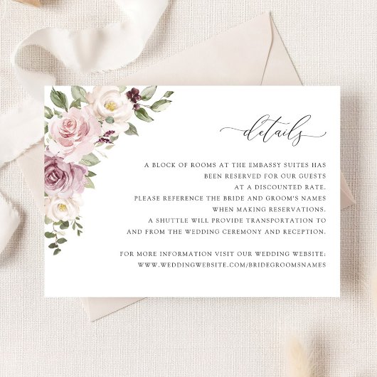 Floral Mauve Blush Wedding Insert Details Kaart