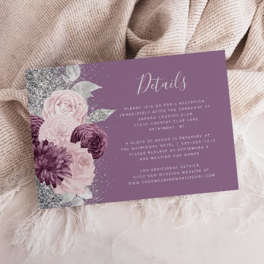 Floral Mauve Blush Zilver Bruiloft Details Informatiekaartje