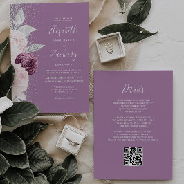 Floral Mauve Blush Zilver Glitter QR Code Huwelijk Kaart